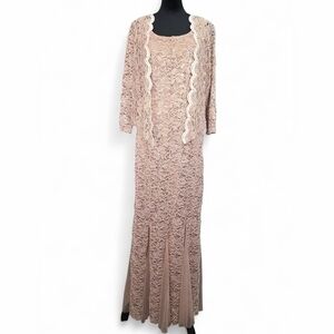 Candalite Sequin Lace Maxi Formal Dress & Jacket Set Taupe Rose Pink Small